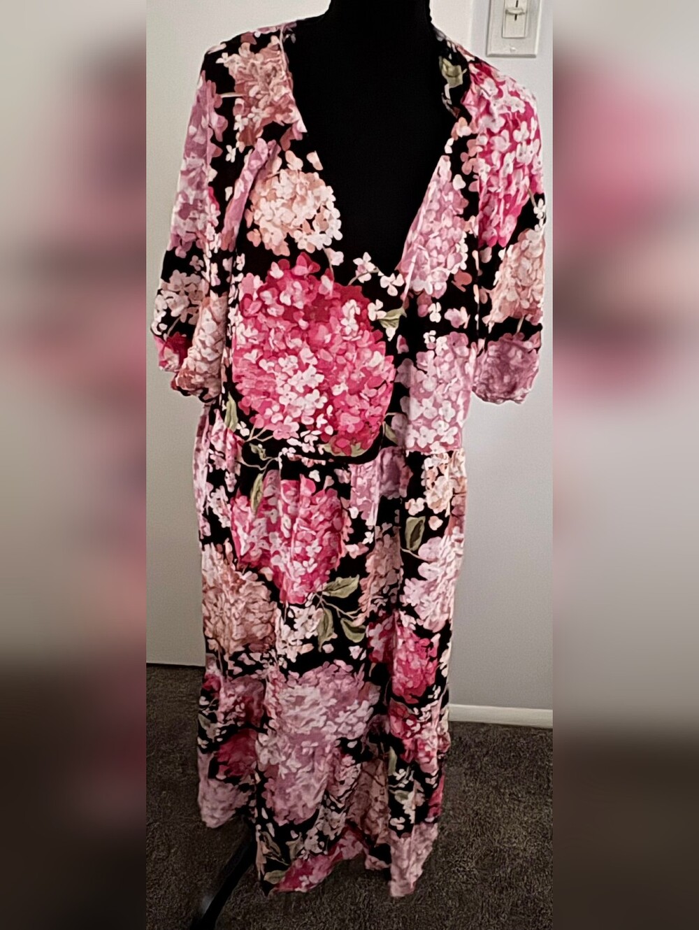 H&M Black Maxi Dress with Pink Floral Hydrangea Print